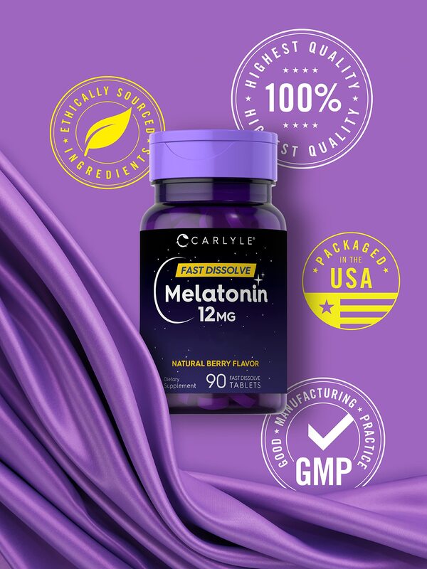 Carlyle Melatonin 12 mg Fast Dissolve 90 Tablets. Natural Berry Flavor. Vegetarian, Non-GMO, Gluten Free